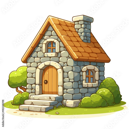 Stone cottage with thatched roof and bushes in fairytale style. Perfect for children's stories, fantasy illustrations or countryside charm concepts.