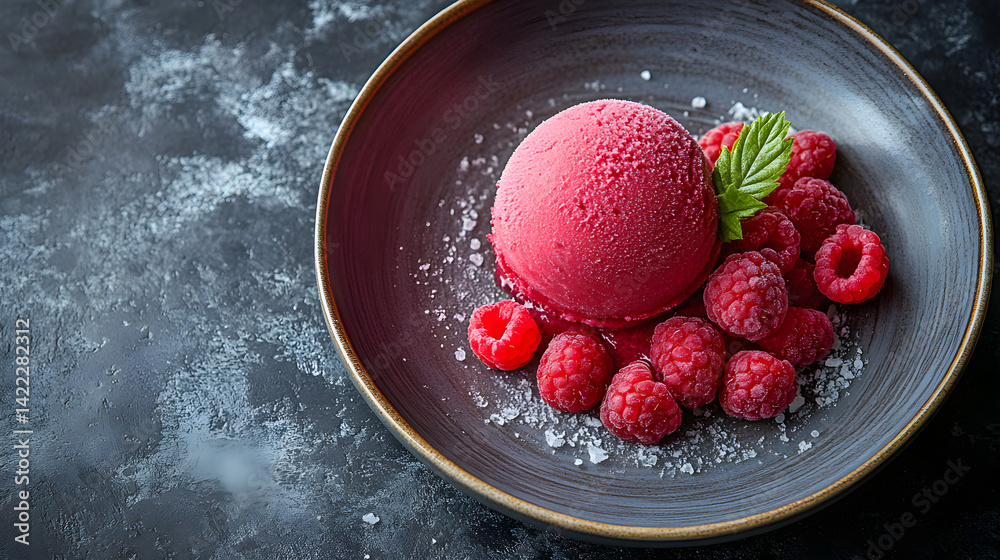 Raspberry sorbet with vibrant red color and smooth texture on a chilled plate