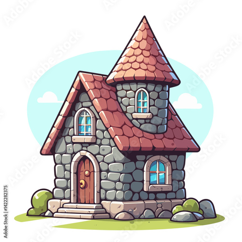 Small stone tower house with conical roof in fairytale style. Perfect for fantasy stories, medieval architecture or enchanted cottage illustrations.