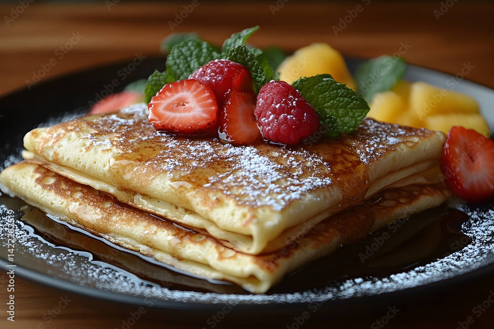 Thin crepes folded with fresh fruit topping and light dusting of powdered sugar
