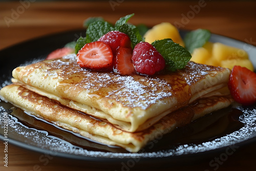 Obraz na płótnie Thin crepes folded with fresh fruit topping and light dusting of powdered sugar w salonie