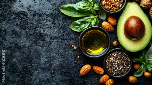 Flat lay of healthy fats including avocado, seeds, nuts, and olive oil on a table with space for text or branding