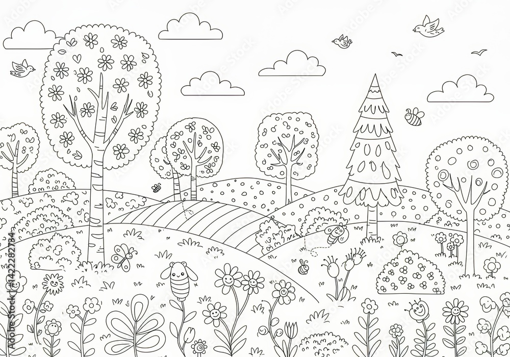 Fototapeta premium Nature-Themed Coloring Page Adventure Peaceful Meadow Printable Art Vibrant Landscape Modern Design Creative Expression