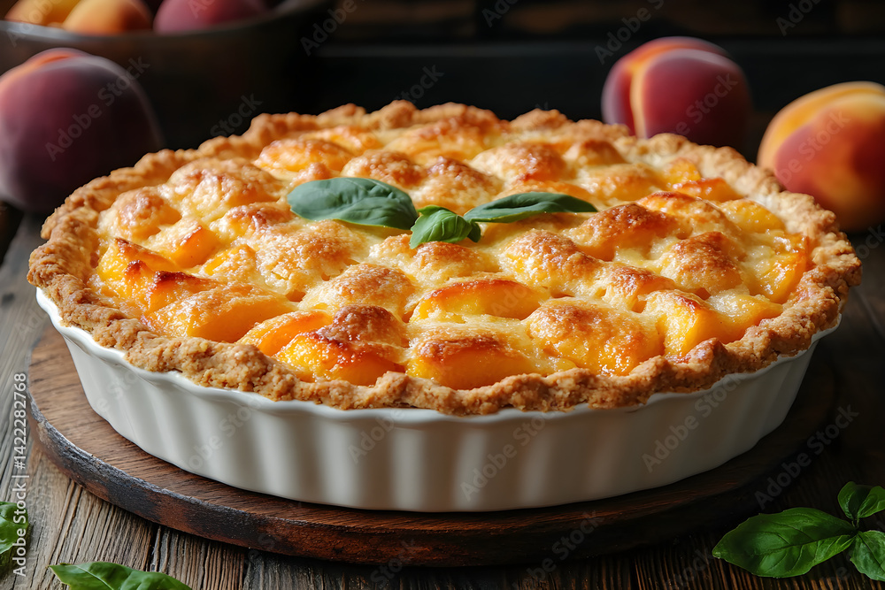 Warm peach cobbler with buttery crust and fresh peach aroma on wooden table