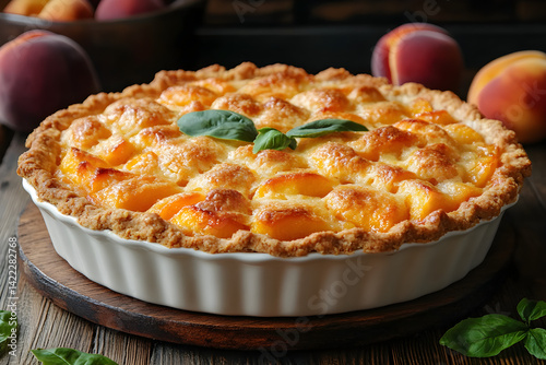 Obraz na płótnie Warm peach cobbler with buttery crust and fresh peach aroma on wooden table w salonie