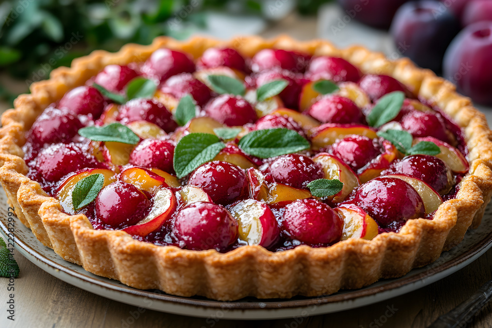 Rich plum tart with glossy finish and flaky crust on vintage plate
