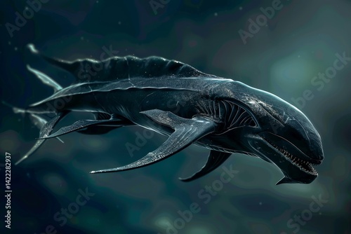 A menacing predator with sleek, powerful fins glides through the dark depths of the ocean, A menacing predator with sleek, powerful fins