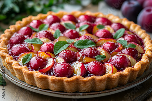 Obraz na płótnie Rich plum tart with glossy finish and flaky crust on vintage plate w salonie