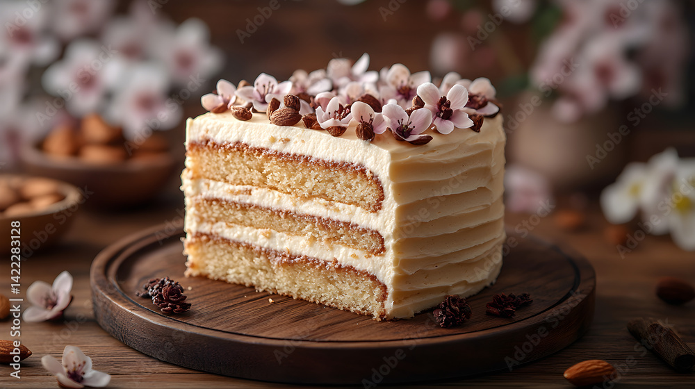 Marzipan cake with smooth almond icing and delicate layers on rustic wooden table