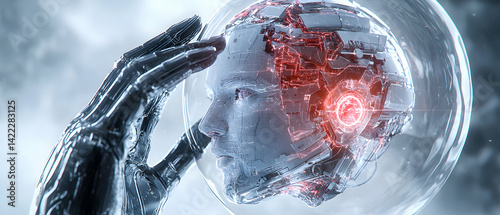 A futuristic android head encased in a glass sphere touched by a metallic hand evoking technology and human interaction. Could be used for sci-fi book covers or movie posters.
