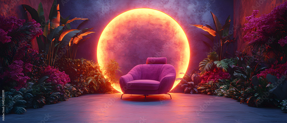Modern purple room featuring an illuminated archway and a stylish chair surrounded by lush plants