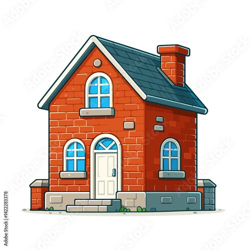 Red brick house with blue roof and white door. Ideal for real estate listings, residential property concepts, and neighborhood community illustrations.