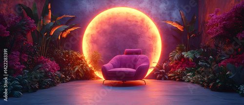 Obraz na płótnie Modern purple room featuring an illuminated archway and a stylish chair surrounded by lush plants w salonie