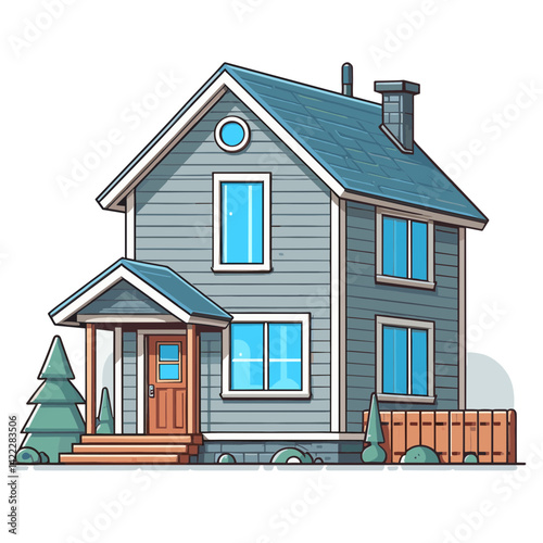 Two-story gray house with blue windows and wooden porch. Ideal for residential property listings, suburban development concepts, and home renovation themes.