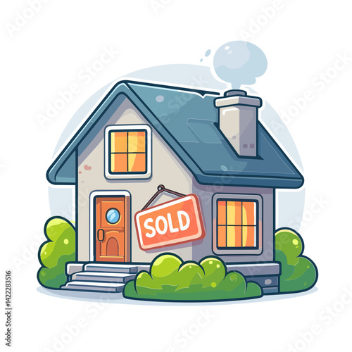 House with SOLD sign and illuminated windows at dusk. Perfect for real estate success stories, property sales marketing, and home buying achievements.