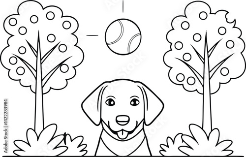 Outlined dog with tennis ball, trees and bushes on a white background Line art