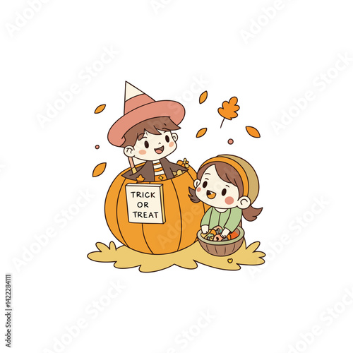 Cartoon witch woman and kids enjoying Halloween with beer and pumpkins in autumn