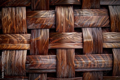 A close-up shot of a woven wooden basket with a complex and intricate pattern, Woven, basket-like texture with intricate pattern
