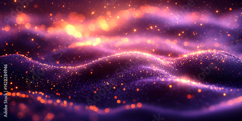 Soft lavender and violet abstract background with luminous gold particle details and golden bokeh lights shining gently on a pastel purple foil texture for a holiday effect