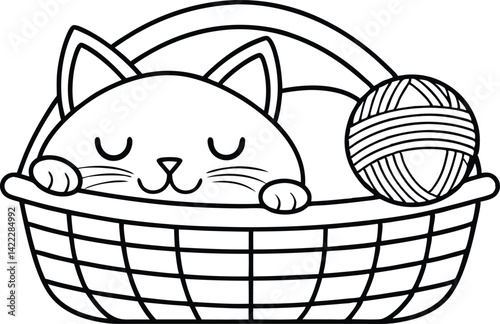 Line art style Kitten sleeping in basket with wool ball, outline drawing