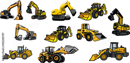 Construction Vehicles Clipart – Heavy Equipment Diggers, Loaders, and Excavators Vector Set