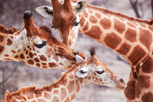 Canvas Print Close-up portrait of a family of giraffes, parents and their calf
