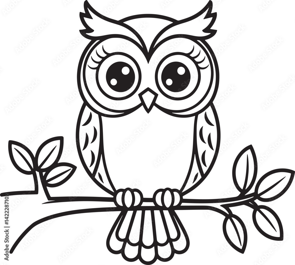 Fototapeta premium Cute Cartoon Owl Sitting On Branch With Leaves Vector Illustration