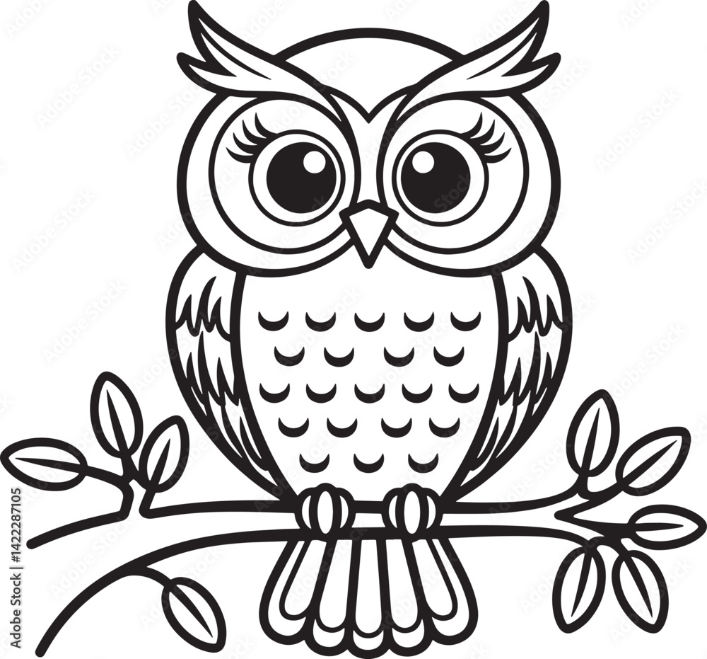 Fototapeta premium Cute Cartoon Owl Sitting On Branch Vector Illustration