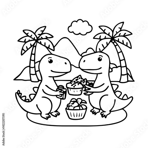 Fun dino-themed coloring page for kids, black and white cartoon line drawing of baby dinosaurs having a picnic with sandwiches, juice, and fruit, volcano and palm trees in the background