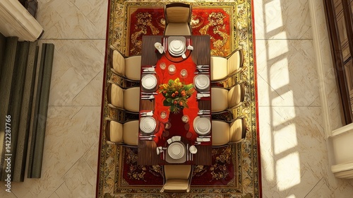 Elegant Dining Room, Overhead View: A Luxurious Table Setting on a Rich Red Carpet