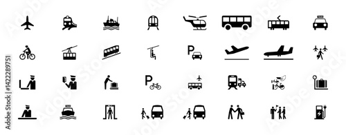 Transport and travel icons airplane, bus, train, bike, taxi, ship, cable car, tram, parking, customs, luggage, security, EV charging, family, and delivery symbols. Icons, symbols.