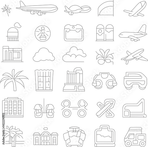 Travel line icon set. Set of 30 outline icons related to travel, hotel, holiday, tourism, beach, plane, map, agent and others. Vector illustration