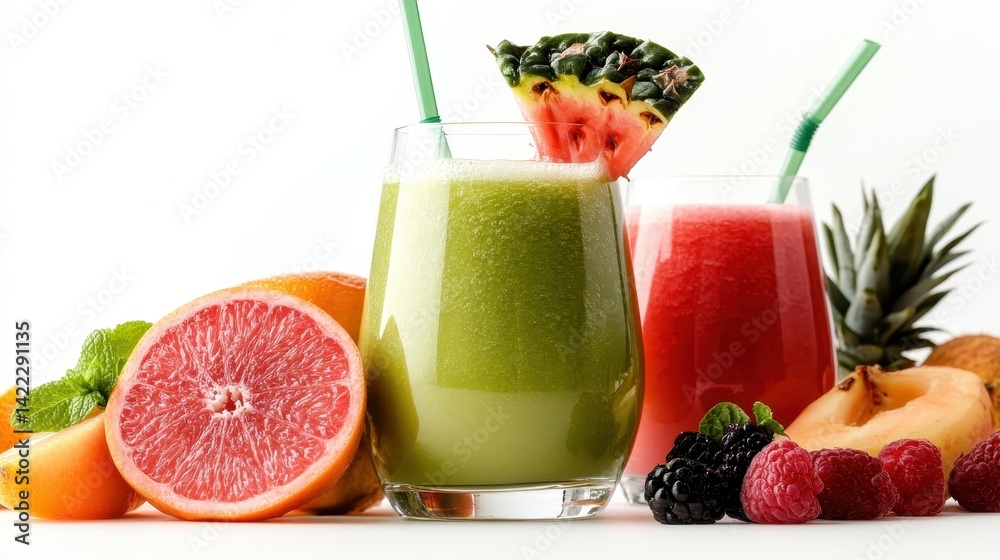 A vibrant display of refreshing fruit smoothies served in beautiful glasses, featuring delicious garnishes and a variety of juicy fruits arranged around them. A vibrant display of refreshing fruit smoothies served in beautiful glasses, featuring delicious garnishes and a variety of juicy fruits arranged around them.