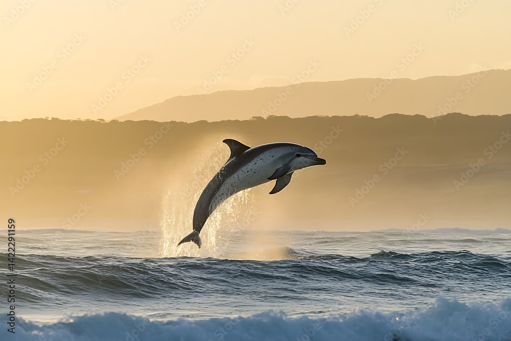 Obraz premium Dolphin Jumping Majestically from Ocean at Sunset.