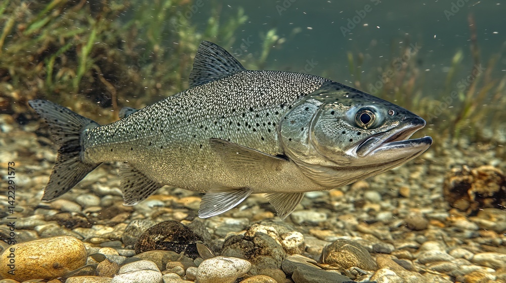 Silver trout swims in a clear river poised above pebblestrewn bed Silver trout swims in a clear river poised above pebblestrewn bed