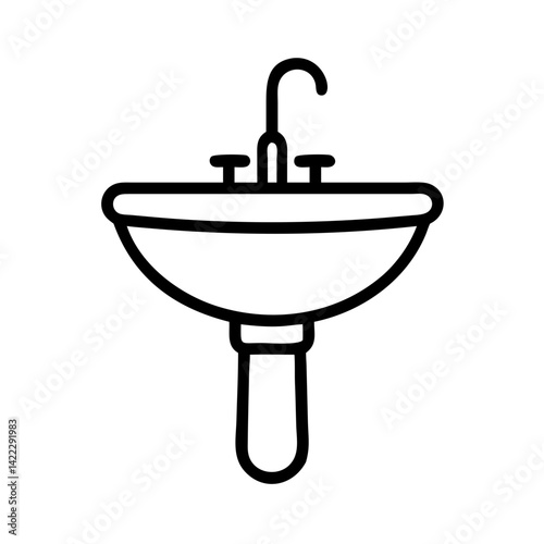 Minimalist bathroom sink with faucet in line art style, icon, vector  