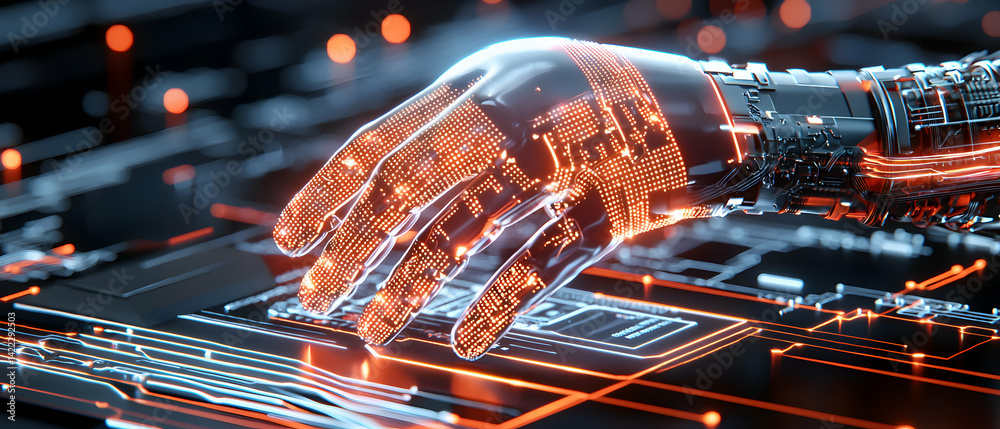 Fototapeta premium Futuristic robotic hand on a circuit board with glowing circuits representing digital technology. Could be used in science fiction or technology-related projects.