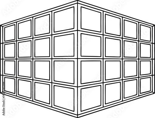 Isometric Black Outline of Cube with Multiple Square Windows on Transparent Backdrop