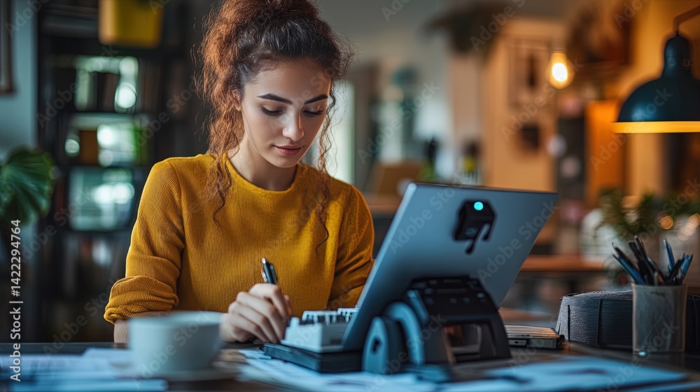 Obraz premium Woman Working on Laptop in Cozy Home Office