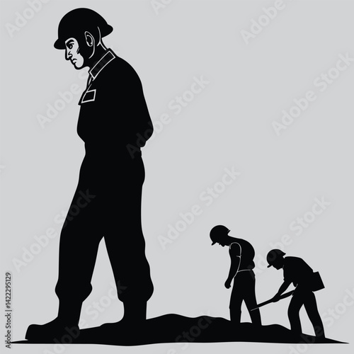 Soldier standing with workers  image silhouette design vector art and illustration