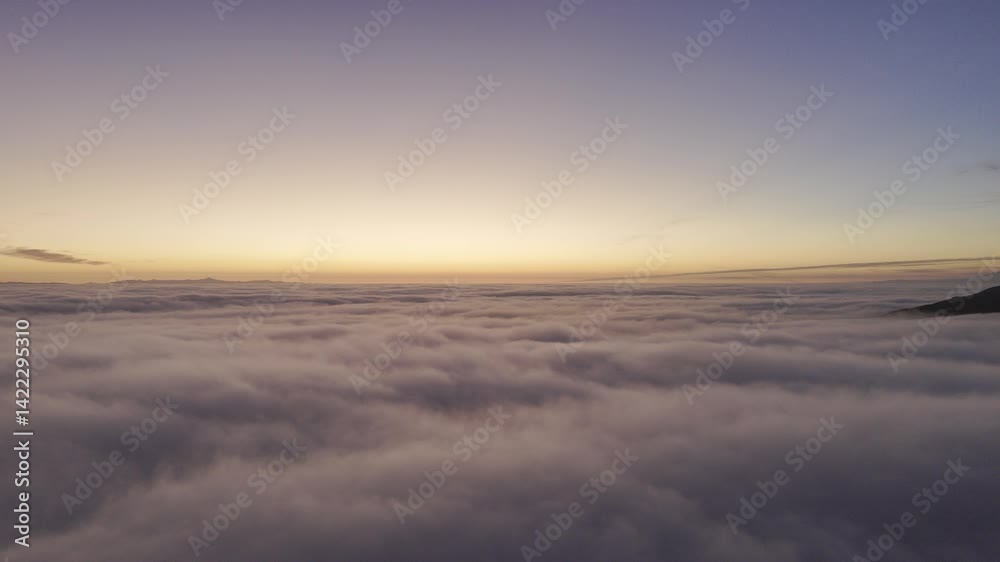 Aerial over Marine Layer beach mist clouds Cloudy landscape, Misty, Ventura California Sunset Drone Aerial over Marine Layer beach mist clouds Cloudy landscape, Misty, Ventura California Sunset Drone