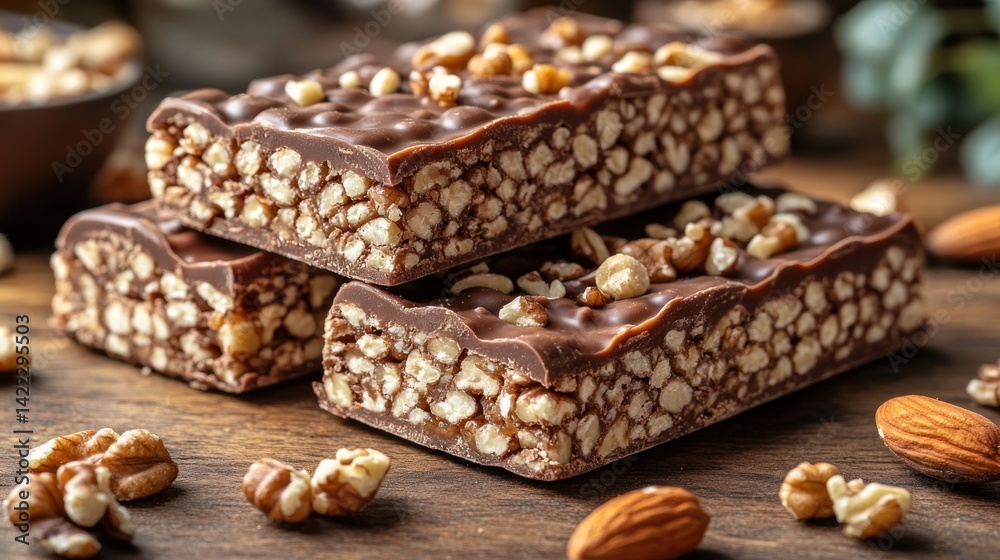 Stacked chocolate nut bars on wood almonds walnuts nearby Stacked chocolate nut bars on wood almonds walnuts nearby