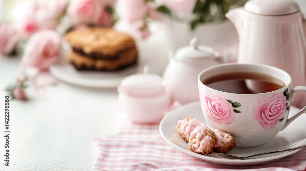 An inviting tea setup featuring delicate floral pastries and a porcelain teacup, embodying a warm and sweet ambiance perfect for afternoon gatherings. An inviting tea setup featuring delicate floral pastries and a porcelain teacup, embodying a warm and sweet ambiance perfect for afternoon gatherings.