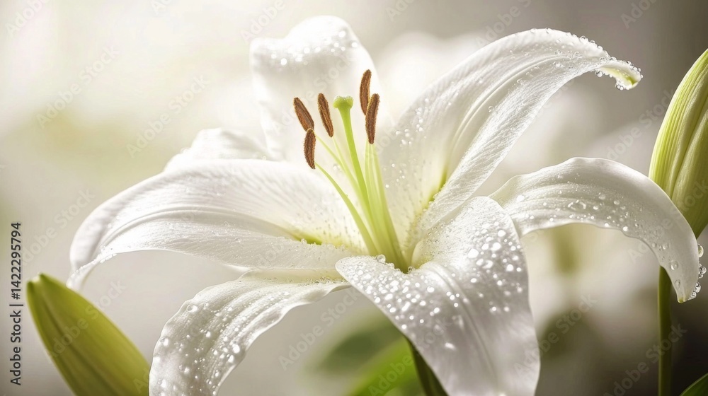 Obraz premium A close-up of a white lily with sparkling water droplets, showcasing the elegance of the flower and the intricate details of its petals in natural light.