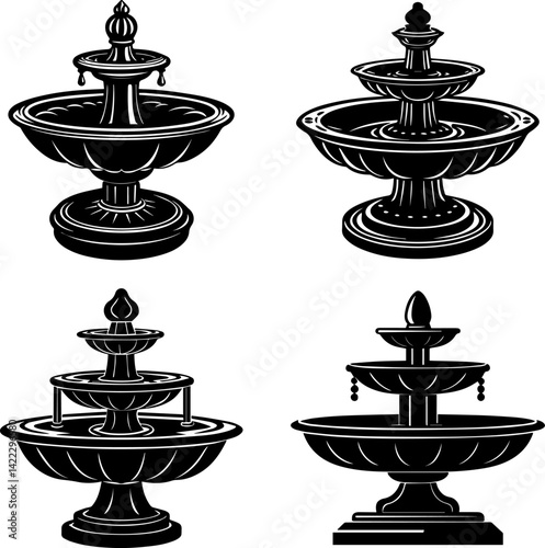 Set of water fountain silhouette vector illustration
