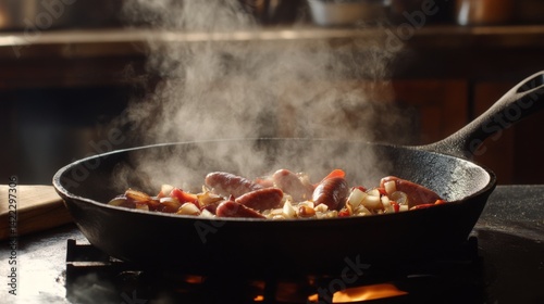 A close-up of sausages cooking in a cast iron skillet, surrounded by sauted onions and peppers, with steam rising from the hot pan.