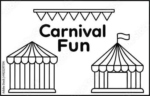 Carnival Fun Text with Tent Tops and Bunting in Black and White