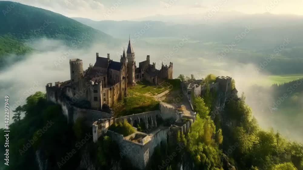 Majestic castle perched atop rocky hill amidst misty lush greenery. Majestic castle perched atop rocky hill amidst misty lush greenery.