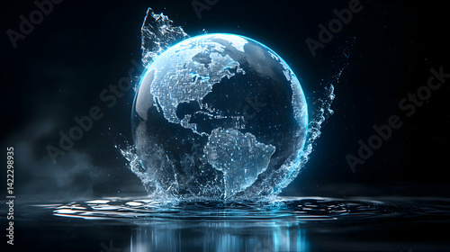 A digital Earth surrounded by water shows technological advancement. Use it for science articles or IT related presentations or as a futuristic background.