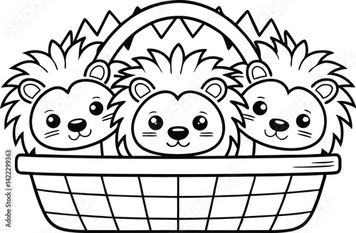 Three cartoon hedgehogs sitting in basket, outlined, black and white line drawing